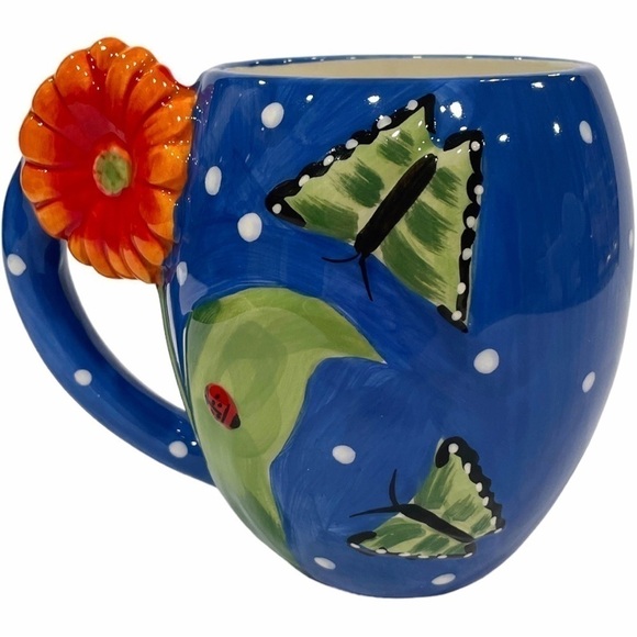 PIER 1 Imports Flower Butterfly Ladybug Mug Cup 3 Dimensional Blue Oversized - Picture 1 of 9